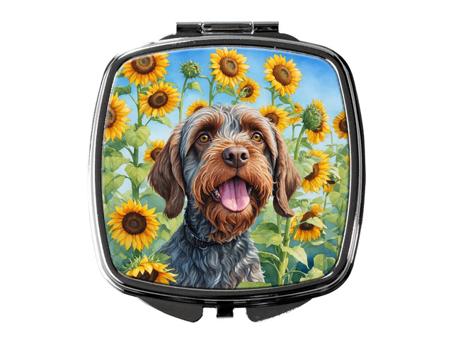 Wirehaired Pointing Griffon in Sunflowers Compact Mirror Decorative Travel Makeup Mirror for Women Girls Gifts Pocket Makeup Mirror Folding Handheld