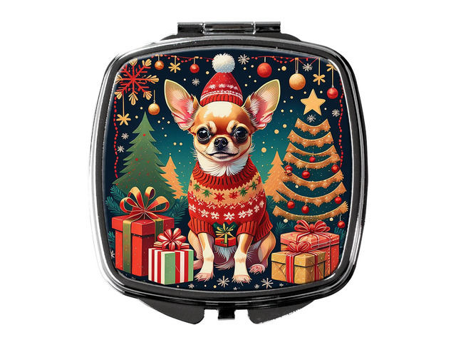 Chihuahua Christmas Compact Mirror Decorative Travel Makeup Mirror for Women Girls Gifts Pocket Makeup Mirror Folding Handheld