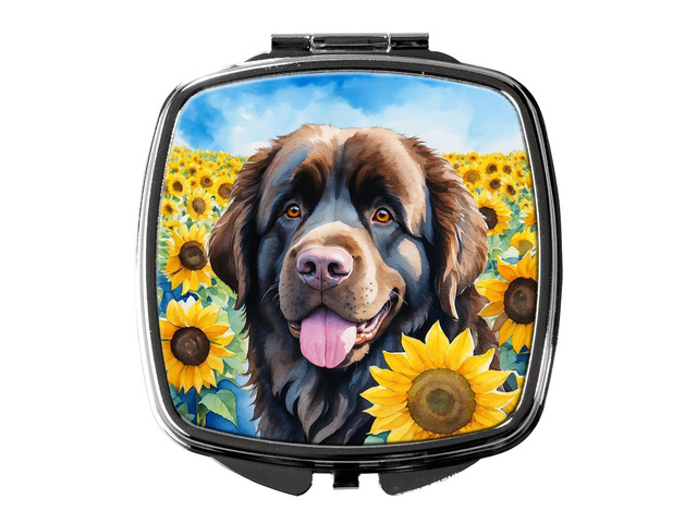 Newfoundland in Sunflowers Compact Mirror Decorative Travel Makeup Mirror for Women Girls Gifts Pocket Makeup Mirror Folding Handheld