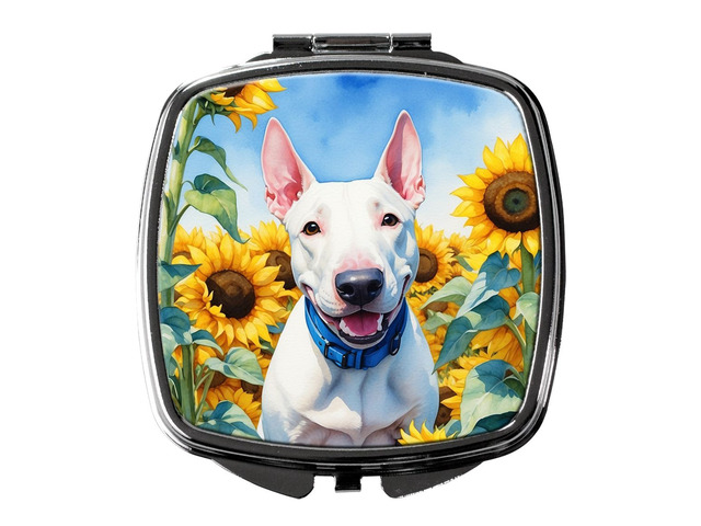 English Bull Terrier in Sunflowers Compact Mirror Decorative Travel Makeup Mirror for Women Girls Gifts Pocket Makeup Mirror Folding Handheld