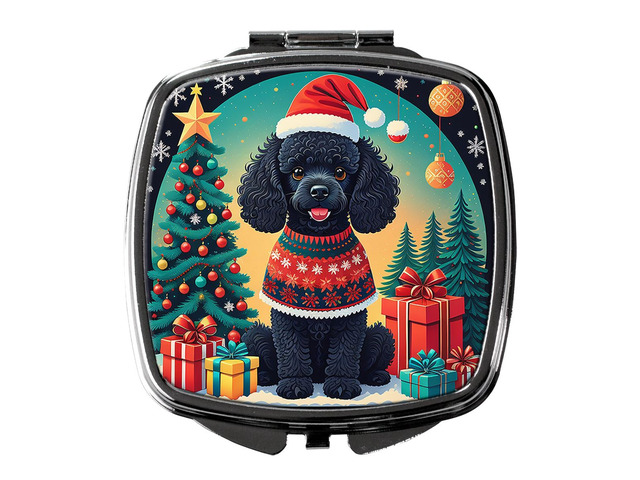 Black Toy Poodle Christmas Compact Mirror Decorative Travel Makeup Mirror for Women Girls Gifts Pocket Makeup Mirror Folding Handheld