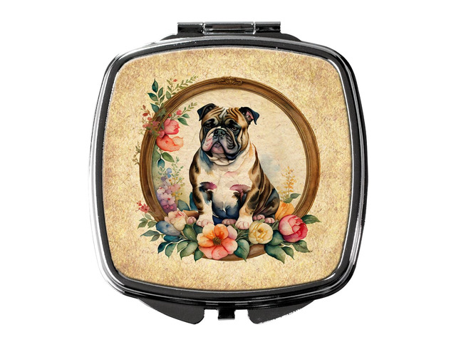 English Bulldog and Flowers Compact Mirror Decorative Travel Makeup Mirror for Women Girls Gifts Pocket Makeup Mirror Folding Handheld