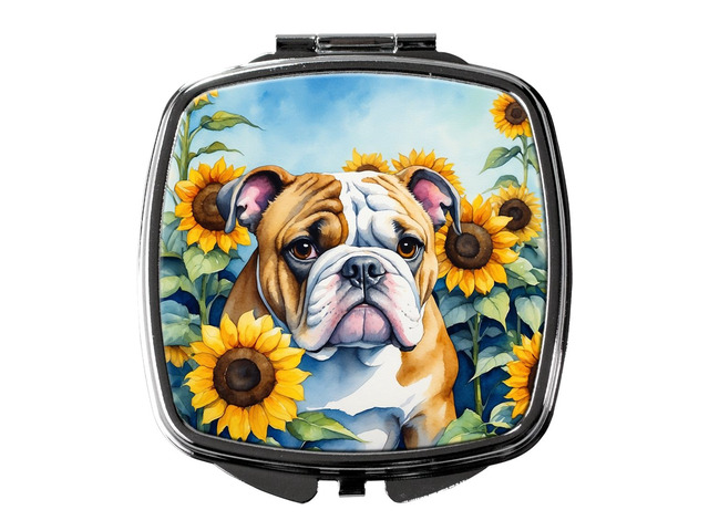 English Bulldog in Sunflowers Compact Mirror Decorative Travel Makeup Mirror for Women Girls Gifts Pocket Makeup Mirror Folding Handheld