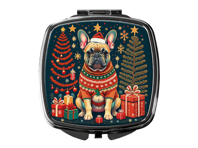 Fawn French Bulldog Christmas Compact Mirror Decorative Travel Makeup Mirror for Women Girls Gifts Pocket Makeup Mirror Folding Handheld
