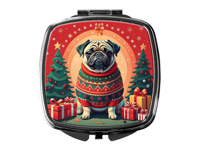 Fawn Pug Christmas Compact Mirror Decorative Travel Makeup Mirror for Women Girls Gifts Pocket Makeup Mirror Folding Handheld