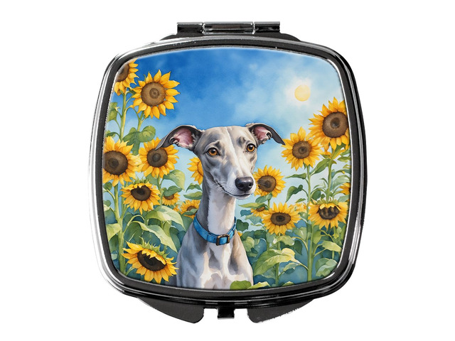 Whippet in Sunflowers Compact Mirror Decorative Travel Makeup Mirror for Women Girls Gifts Pocket Makeup Mirror Folding Handheld