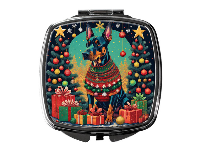 Doberman Pinscher Christmas Compact Mirror Decorative Travel Makeup Mirror for Women Girls Gifts Pocket Makeup Mirror Folding Handheld