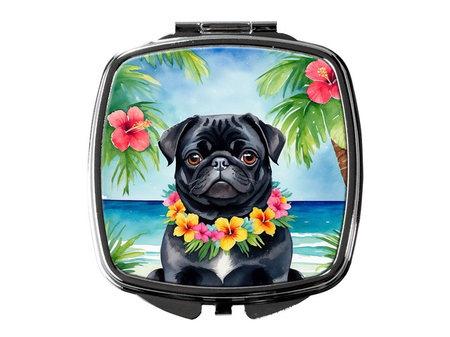Black Pug Luau Compact Mirror Decorative Travel Makeup Mirror for Women Girls Gifts Pocket Makeup Mirror Folding Handheld