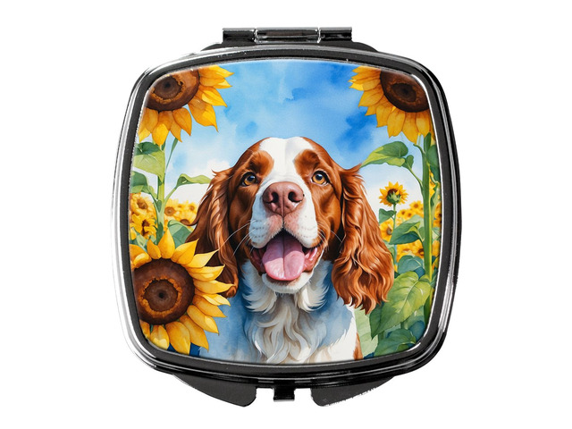 Welsh Springer Spaniel in Sunflowers Compact Mirror Decorative Travel Makeup Mirror for Women Girls Gifts Pocket Makeup Mirror Folding Handheld