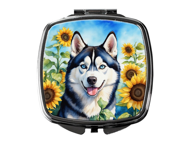 Siberian Husky in Sunflowers Compact Mirror Decorative Travel Makeup Mirror for Women Girls Gifts Pocket Makeup Mirror Folding Handheld