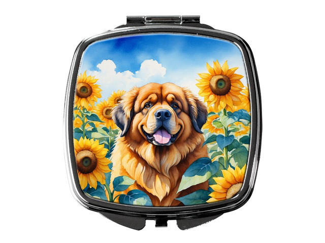 Tibetan Mastiff in Sunflowers Compact Mirror Decorative Travel Makeup Mirror for Women Girls Gifts Pocket Makeup Mirror Folding Handheld