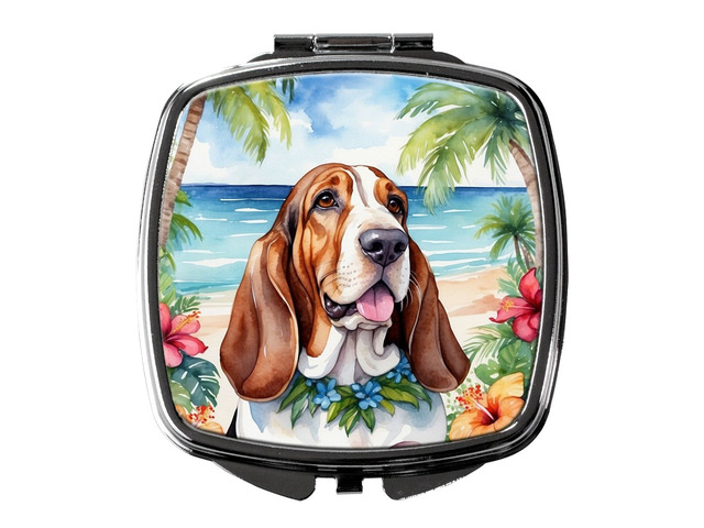 Basset Hound Luau Compact Mirror Decorative Travel Makeup Mirror for Women Girls Gifts Pocket Makeup Mirror Folding Handheld