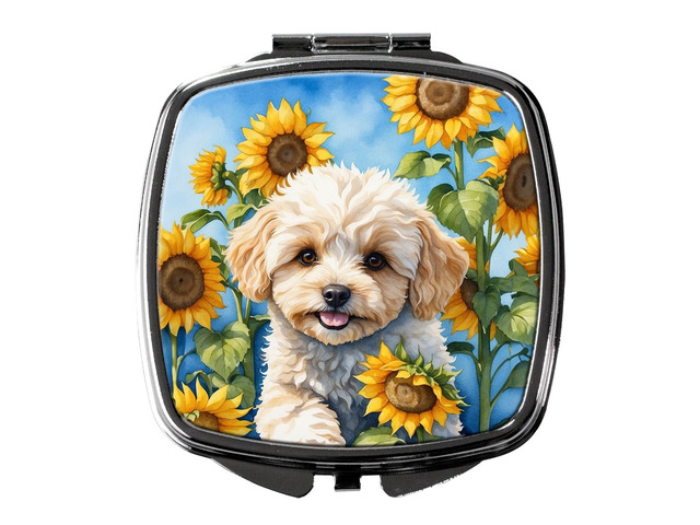Maltipoo in Sunflowers Compact Mirror Decorative Travel Makeup Mirror for Women Girls Gifts Pocket Makeup Mirror Folding Handheld