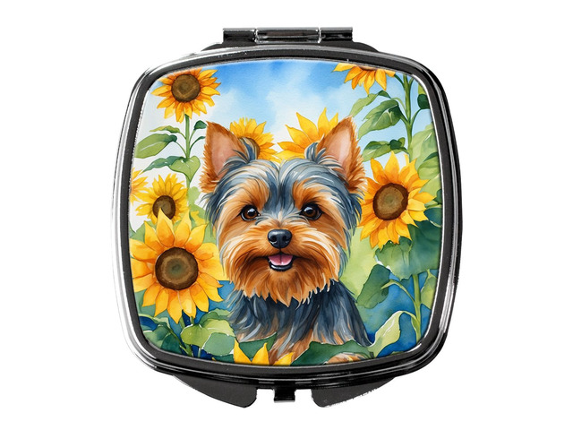 Yorkshire Terrier in Sunflowers Compact Mirror Decorative Travel Makeup Mirror for Women Girls Gifts Pocket Makeup Mirror Folding Handheld