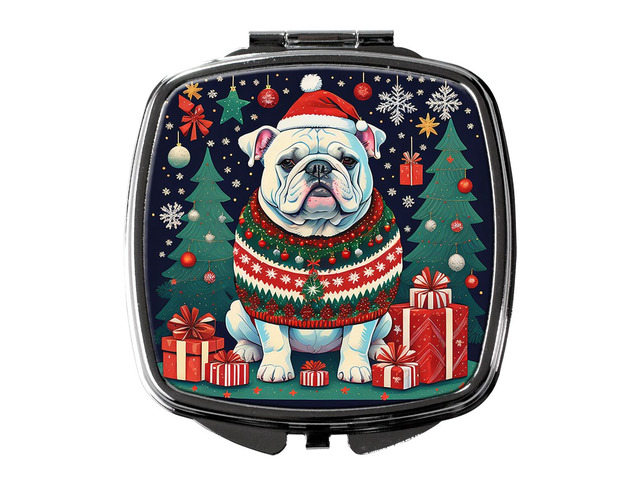 White English Bulldog Christmas Compact Mirror Decorative Travel Makeup Mirror for Women Girls Gifts Pocket Makeup Mirror Folding Handheld