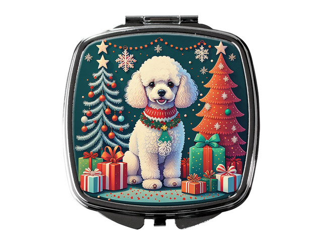 White Toy Poodle Christmas Compact Mirror Decorative Travel Makeup Mirror for Women Girls Gifts Pocket Makeup Mirror Folding Handheld