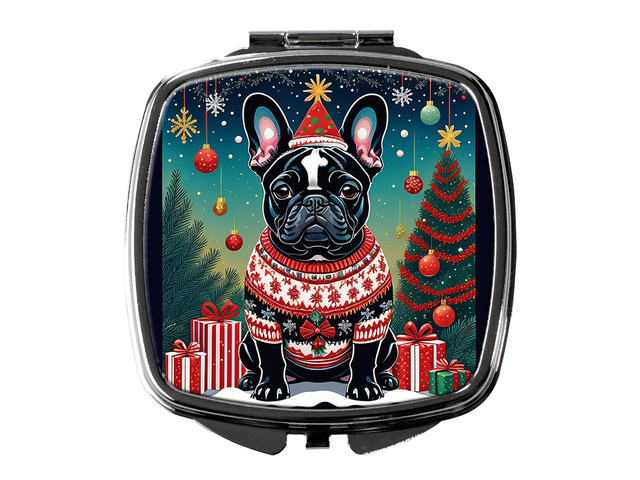 Black French Bulldog Christmas Compact Mirror Decorative Travel Makeup Mirror for Women Girls Gifts Pocket Makeup Mirror Folding Handheld