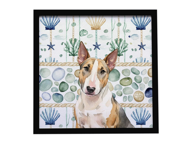 Tricolor Miniature Bull Terrier Coastal Sea Glass Framed Metal Print Bathroom, Kitchen, Office, Home Decor Wall Art Ready to Hang, Square, 8X8