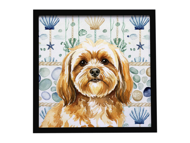 Gold Lhasa Apso Coastal Sea Glass Framed Metal Print Bathroom, Kitchen, Office, Home Decor Wall Art Ready to Hang, Square, 8X8