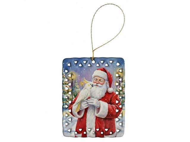 Umbrella Cockatoo with Santa Claus Porcelain Ornament Christmas Tree Hanging Decorations for Home Christmas Holiday, Rectangle, Gift, Multicolor