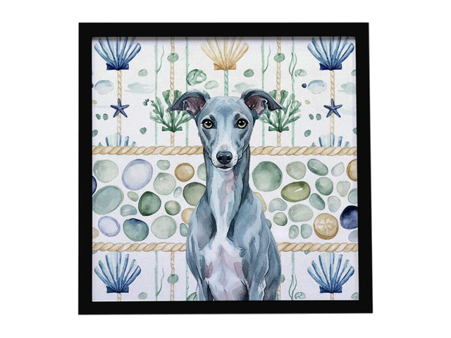 Blue Whippet Coastal Sea Glass Framed Metal Print Bathroom, Kitchen, Office, Home Decor Wall Art Ready to Hang, Square, 8X8
