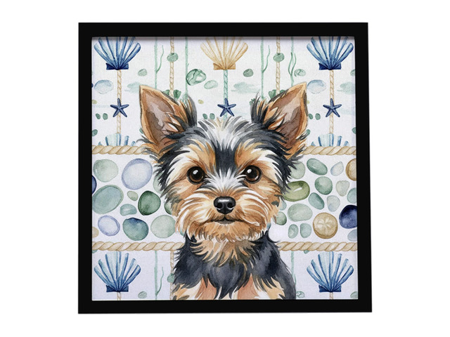 Black and Tan Yorkshire Terrier Coastal Sea Glass Framed Metal Print Bathroom, Kitchen, Office, Home Decor Wall Art Ready to Hang, Square, 8X8