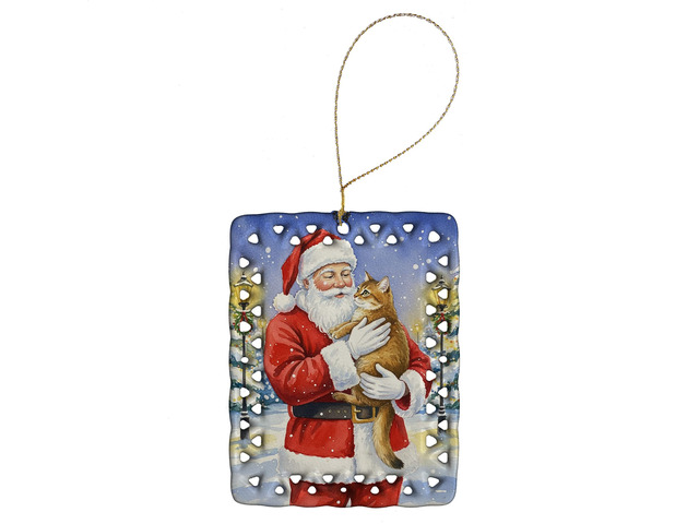 Chausie Cat with Santa Claus Porcelain Ornament Christmas Tree Hanging Decorations for Home Christmas Holiday, Rectangle, Gift, Multicolor