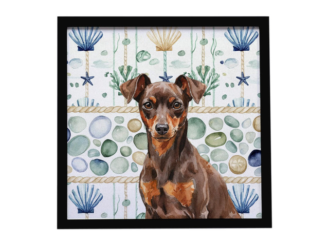 Chocolate and Rust Miniature Pinscher Min Pin Coastal Sea Glass Framed Metal Print Bathroom, Kitchen, Office, Home Decor Wall Art Ready to Hang,...