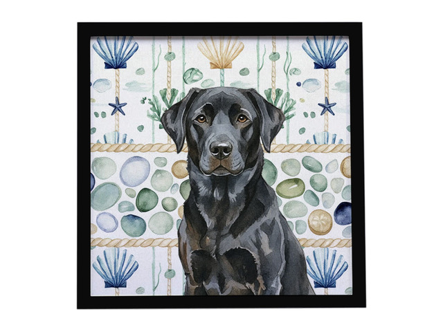 Black Labrador Retriever Coastal Sea Glass Framed Metal Print Bathroom, Kitchen, Office, Home Decor Wall Art Ready to Hang, Square, 8X8
