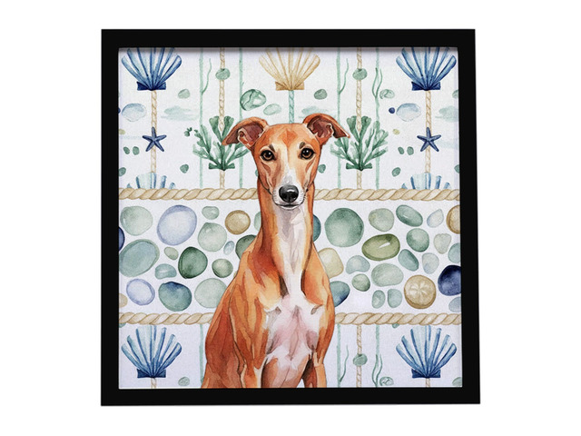 Red Whippet Coastal Sea Glass Framed Metal Print Bathroom, Kitchen, Office, Home Decor Wall Art Ready to Hang, Square, 8X8