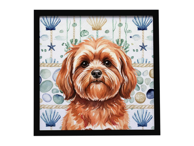 Red Lhasa Apso Coastal Sea Glass Framed Metal Print Bathroom, Kitchen, Office, Home Decor Wall Art Ready to Hang, Square, 8X8