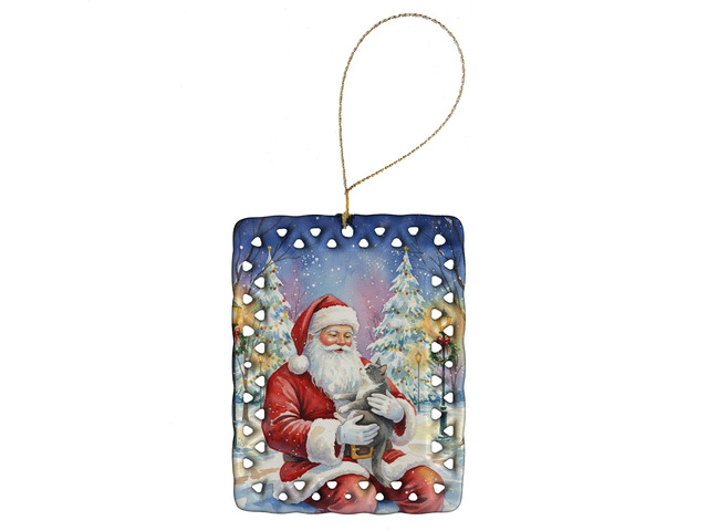 Gray and White Cat with Santa Claus Porcelain Ornament Christmas Tree Hanging Decorations for Home Christmas Holiday, Rectangle, Gift, Multicolor