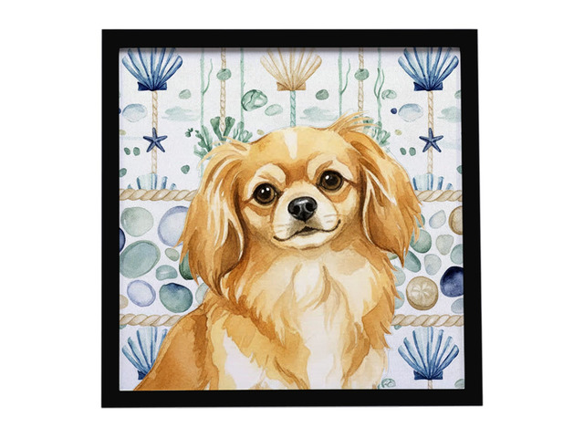 Gold Tibetan Spaniel Coastal Sea Glass Framed Metal Print Bathroom, Kitchen, Office, Home Decor Wall Art Ready to Hang, Square, 8X8