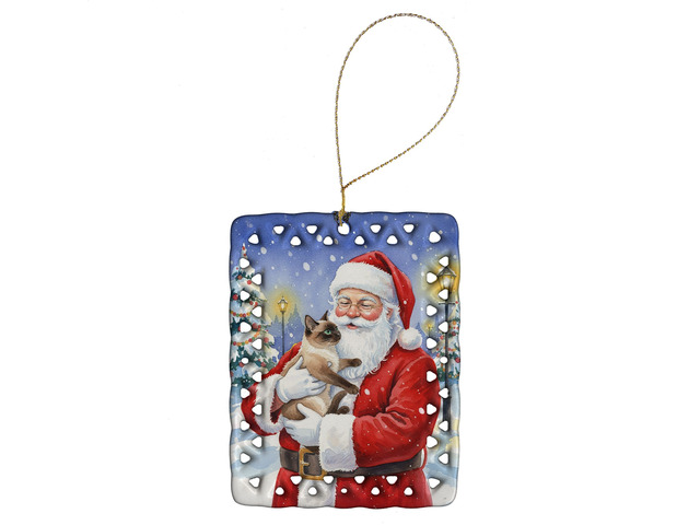 Chocolate Point Cat with Santa Claus Porcelain Ornament Christmas Tree Hanging Decorations for Home Christmas Holiday, Rectangle, Gift, Multicolor