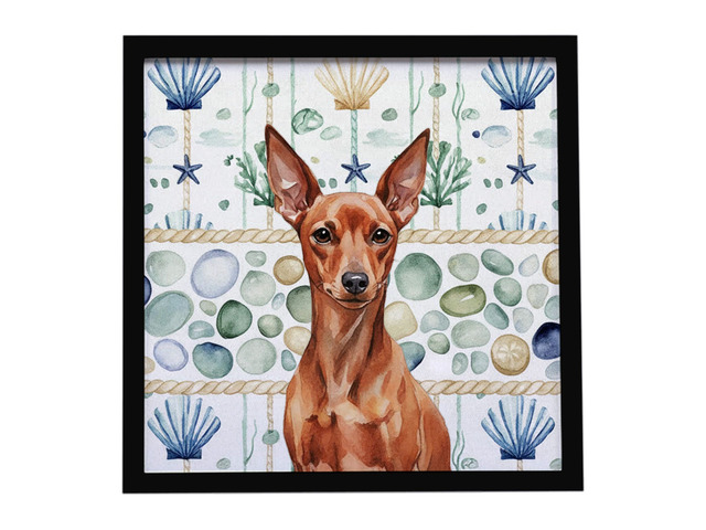 Red Miniature Pinscher Min Pin Coastal Sea Glass Framed Metal Print Bathroom, Kitchen, Office, Home Decor Wall Art Ready to Hang, Square, 8X8