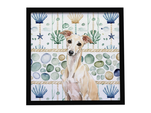 Cream Italian Greyhound Coastal Sea Glass Framed Metal Print Bathroom, Kitchen, Office, Home Decor Wall Art Ready to Hang, Square, 8X8