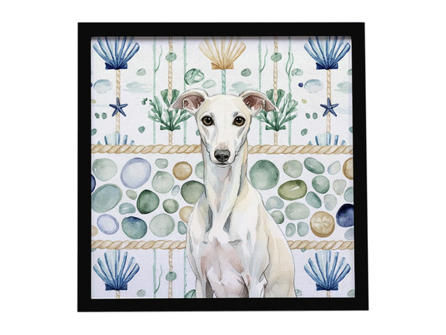 White Whippet Coastal Sea Glass Framed Metal Print Bathroom, Kitchen, Office, Home Decor Wall Art Ready to Hang, Square, 8X8