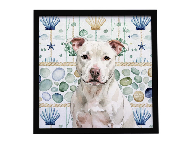 White Staffordshire Bull Terrier Coastal Sea Glass Framed Metal Print Bathroom, Kitchen, Office, Home Decor Wall Art Ready to Hang, Square, 8X8