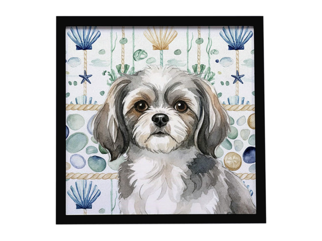 Grey and White Tibetan Spaniel Coastal Sea Glass Framed Metal Print Bathroom, Kitchen, Office, Home Decor Wall Art Ready to Hang, Square, 8X8