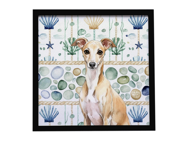 Fawn Italian Greyhound Coastal Sea Glass Framed Metal Print Bathroom, Kitchen, Office, Home Decor Wall Art Ready to Hang, Square, 8X8