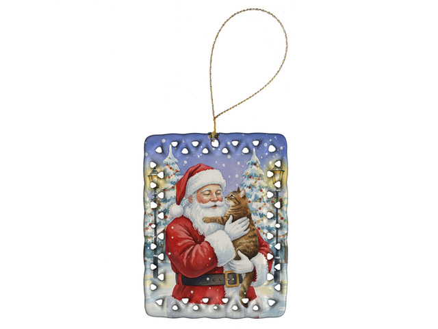Classic Tabby Brown Cat with Santa Claus Porcelain Ornament Christmas Tree Hanging Decorations for Home Christmas Holiday, Rectangle, Gift, Multicolor