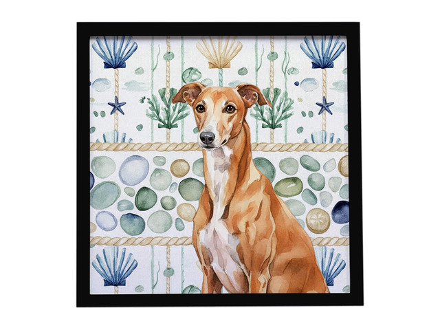 Red Greyhound Coastal Sea Glass Framed Metal Print Bathroom, Kitchen, Office, Home Decor Wall Art Ready to Hang, Square, 8X8