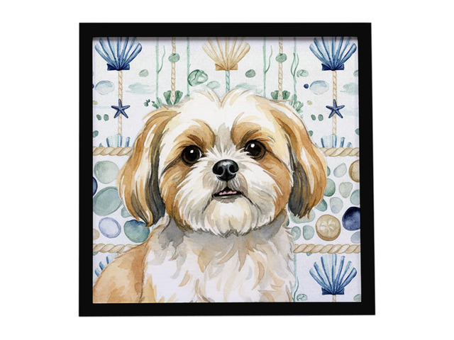 Gold and White Shih Tzu Coastal Sea Glass Framed Metal Print Bathroom, Kitchen, Office, Home Decor Wall Art Ready to Hang, Square, 8X8