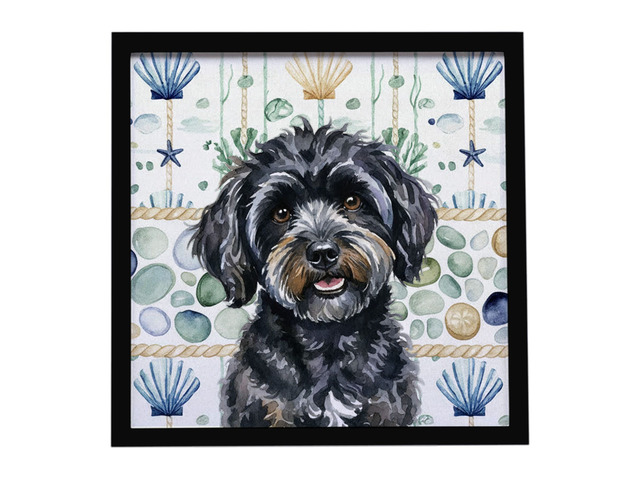 Black Havanese Coastal Sea Glass Framed Metal Print Bathroom, Kitchen, Office, Home Decor Wall Art Ready to Hang, Square, 8X8