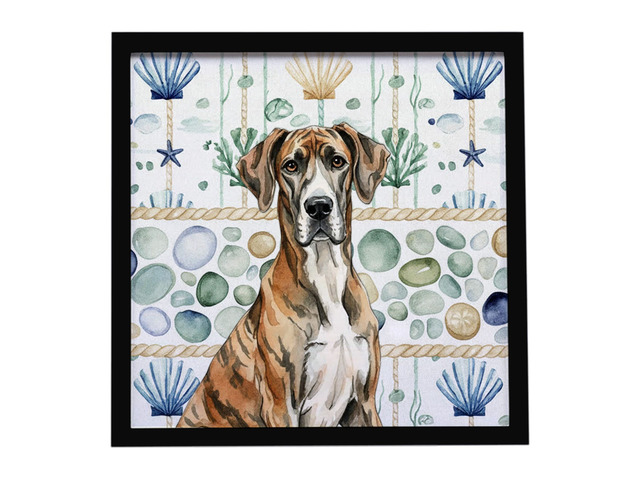 Brindle Great Dane Coastal Sea Glass Framed Metal Print Bathroom, Kitchen, Office, Home Decor Wall Art Ready to Hang, Square, 8X8