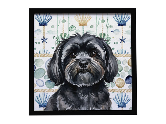 Black Lhasa Apso Coastal Sea Glass Framed Metal Print Bathroom, Kitchen, Office, Home Decor Wall Art Ready to Hang, Square, 8X8