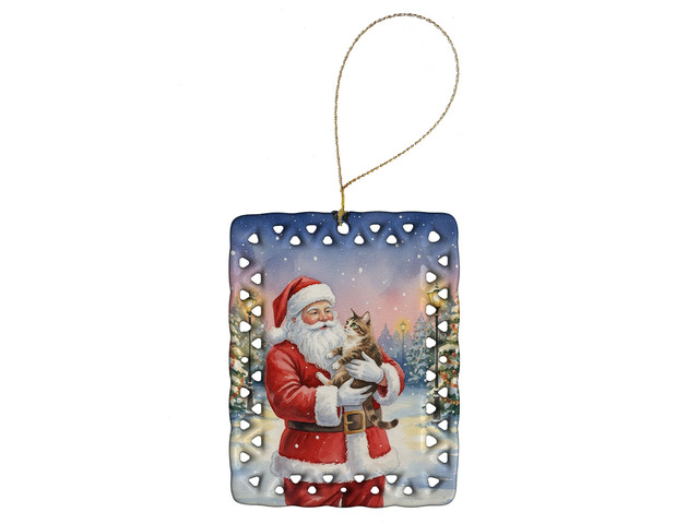 American Bobtail Cat with Santa Claus Porcelain Ornament Christmas Tree Hanging Decorations for Home Christmas Holiday, Rectangle, Gift, Multicolor