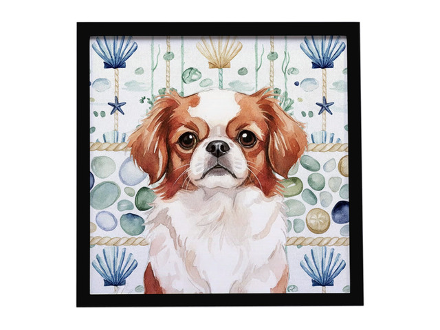 Red and White Japanese Chin Coastal Sea Glass Framed Metal Print Bathroom, Kitchen, Office, Home Decor Wall Art Ready to Hang, Square, 8X8