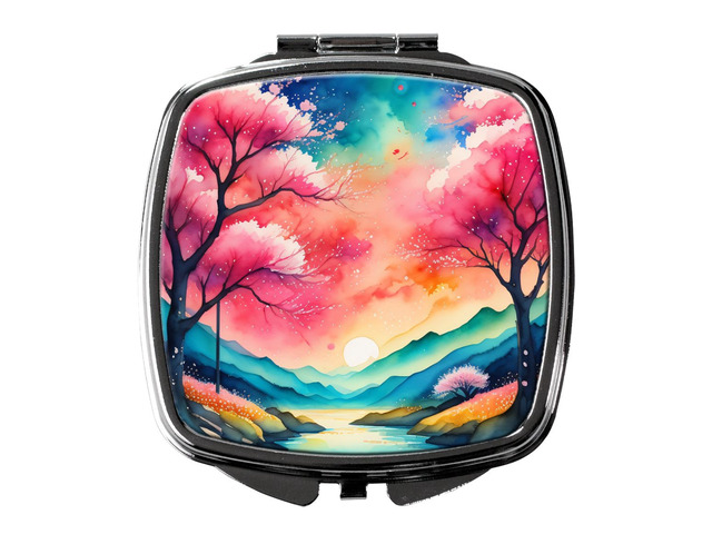Colorful Cherry Blossoms Compact Mirror Decorative Travel Makeup Mirror for Women Girls Gifts Pocket Makeup Mirror Folding Handheld