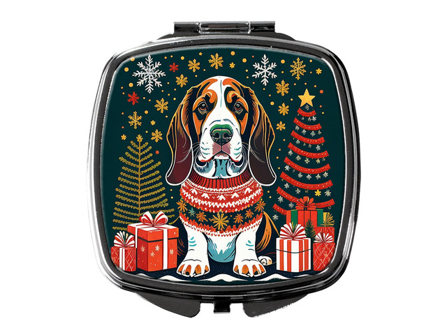Basset Hound Christmas Compact Mirror Decorative Travel Makeup Mirror for Women Girls Gifts Pocket Makeup Mirror Folding Handheld
